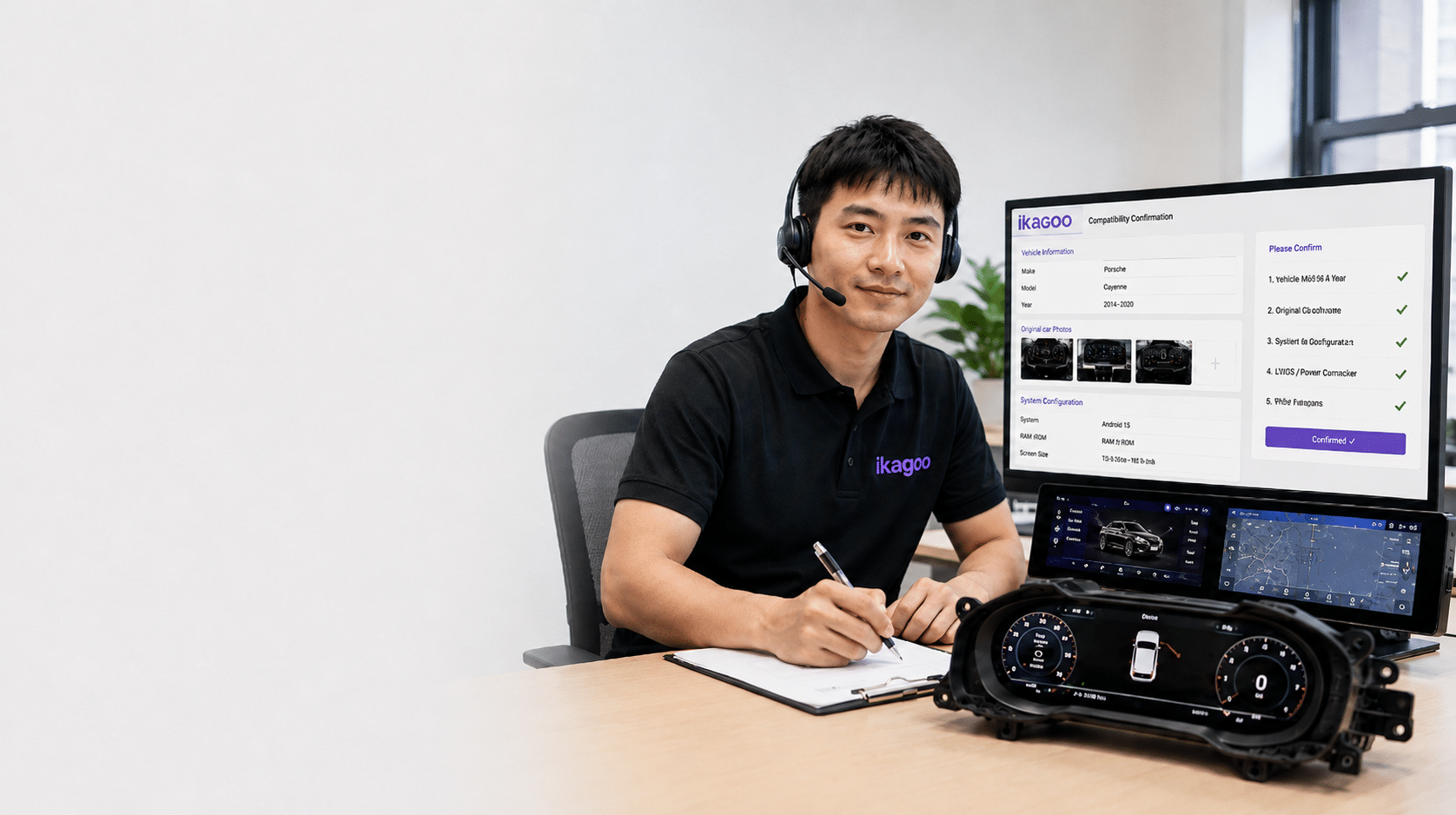 Un ingeniero de iKAGOO comprueba la compatibilidad de los vehículos para la actualización del cuadro de instrumentos digital y la unidad principal con Android