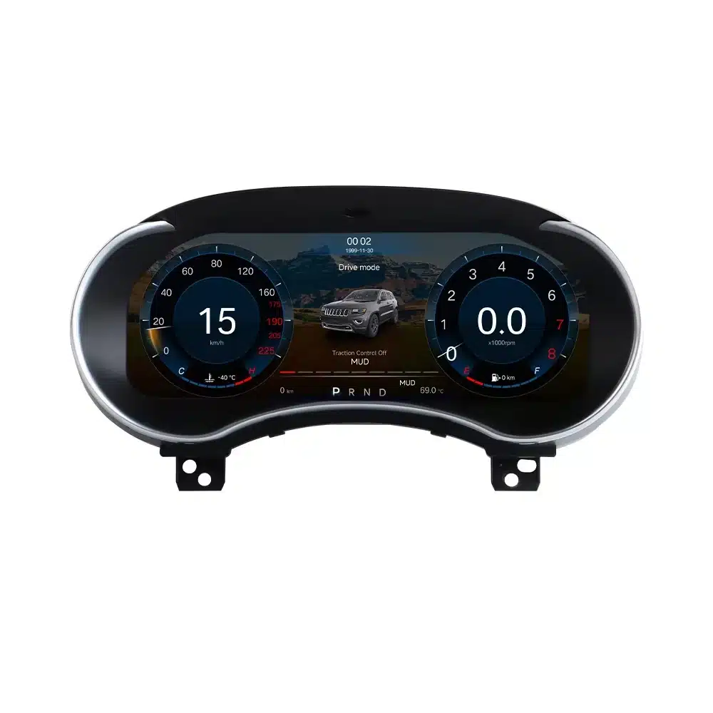 Vista frontal del cuadro de instrumentos digital de Jeep Grand Cherokee Vista frontal del cuadro de instrumentos digital de Jeep Grand Cherokee