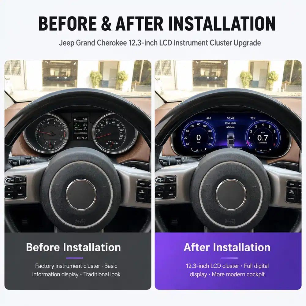 Comparación antes y después entre el cuadro de instrumentos original y el digital de Jeep Grand Cherokee Comparación antes y después entre el cuadro de instrumentos original y el digital de Jeep Grand Cherokee