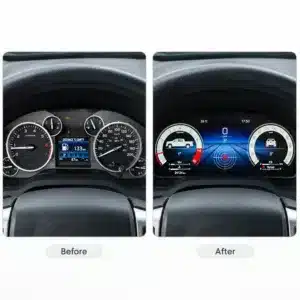 Imagen de comparación antes y después que muestra el cuadro de instrumentos original Toyota Tundra junto al cuadro digital actualizado