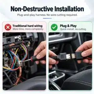 Non-destructive installation graphic showing a plug-and-play connector comparison for the Toyota Tundra digital cluster