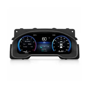 Imagen frontal del producto de un cuadro de instrumentos digital Toyota Tundra sobre fondo blanco, que muestra una interfaz de usuario de doble indicador circular