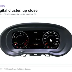 Cuadro de instrumentos digital VW Polo 6R mostrado en carcasa original, vista frontal del velocímetro LCD