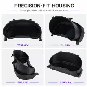Carcasa del cuadro de instrumentos digital negro del Lexus GX mostrada desde ángulos frontal, lateral y trasero